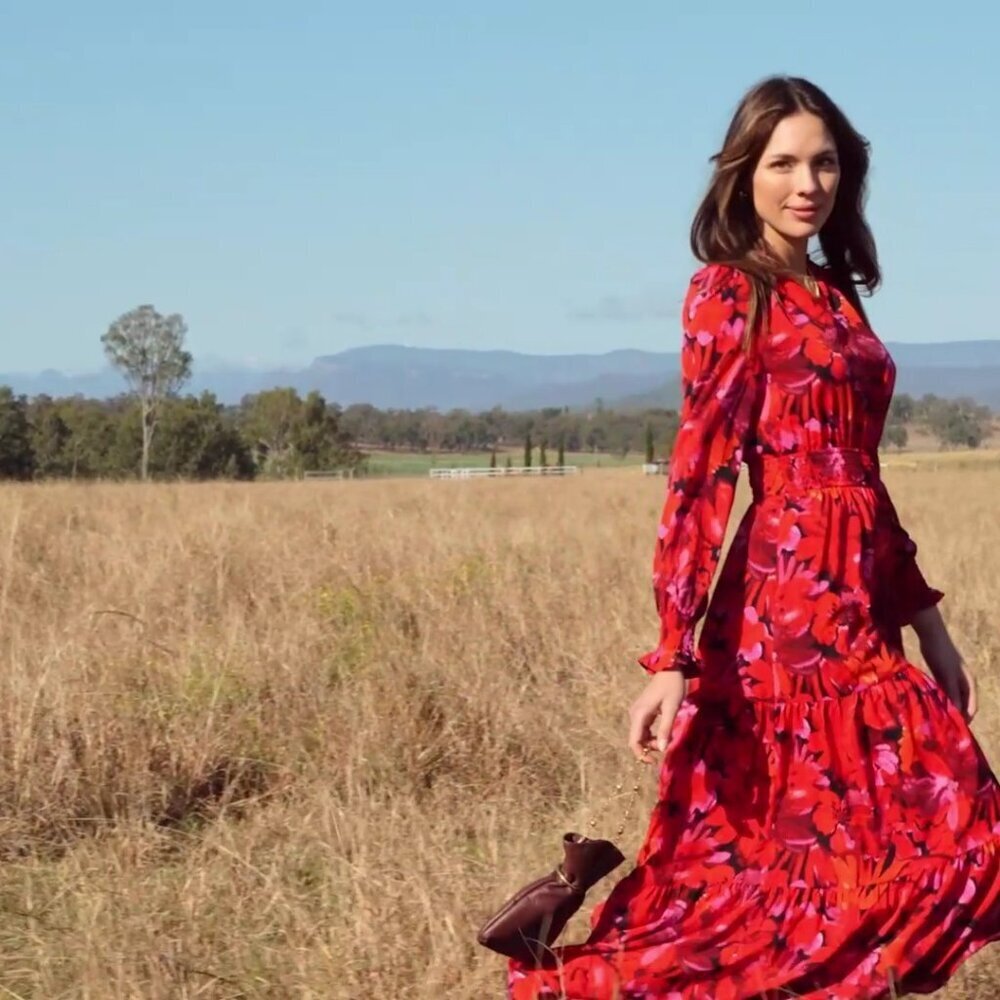 Floral Maxi Dress Long Sleeve V Neck A Line Boho Chic Fall Party Wear - Picture 8 of 8